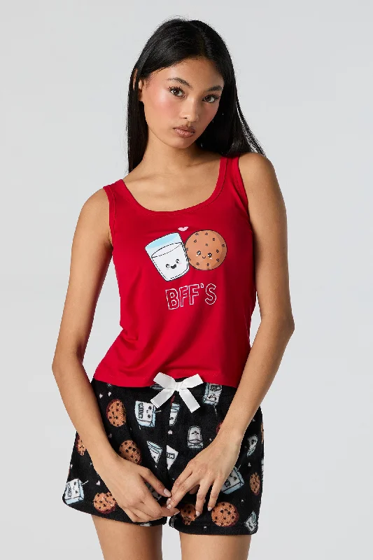 Stock Clearance Graphic Tank and Plush Short 2 Piece Pajama Set