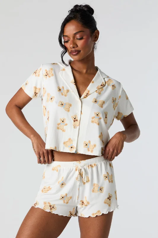 Weekend Deals to Make You Smile Printed Button-Up Top and Short 2 Piece Pajama Set