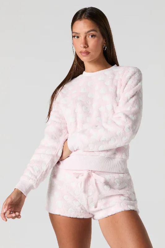 Weekend Bargains to Love Printed Plush Long Sleeve Top and Short 2 Piece Pajama Set