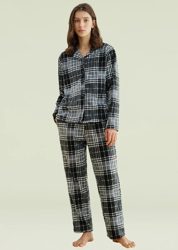 Exclusive Deal Women's Plaid Fleece Pajamas Set Notch Collar Shirt and Pants