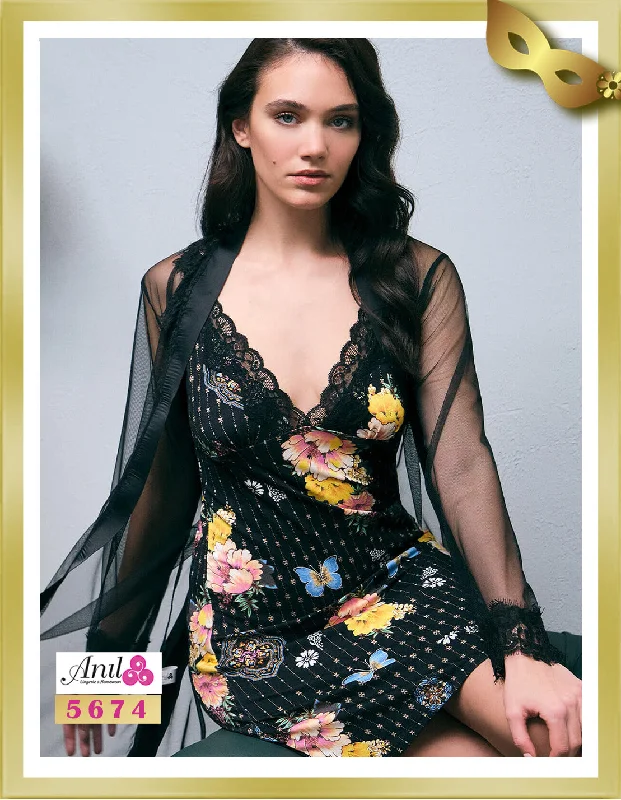 Tulle Robe & Flower Printed Short Nightgown Set 5674