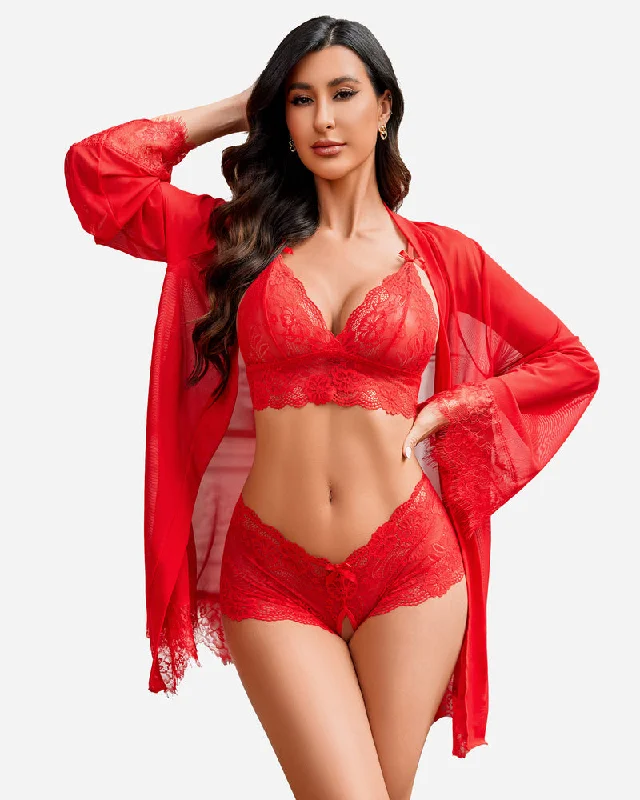 Super Bargain 3 Piece Lace Kimono Robe with Bra and Panty