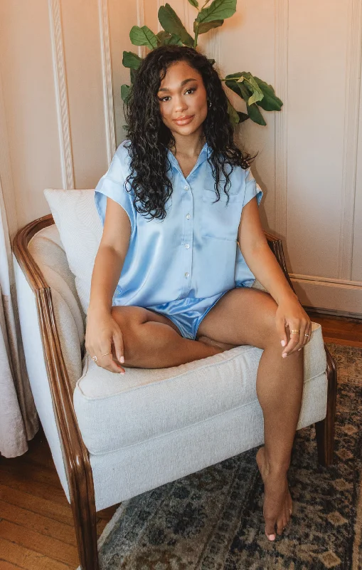 Weekend Deals That Impress Best Day Button Up ~ Baby Blue Luxe Satin