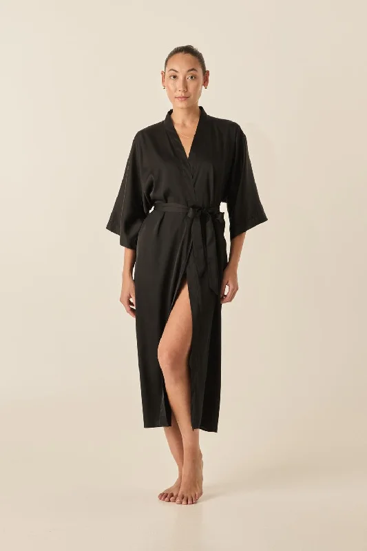 Bethany Black Silky Satin Robe