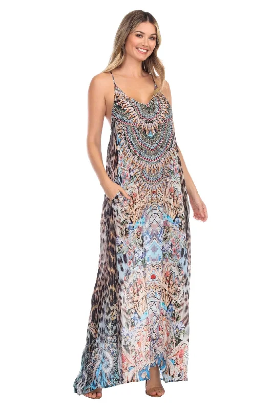 Blue Leopard Elegant Maxi Pocket Dress in Viscose Silk