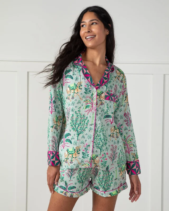 Weekend Extravaganza: Shop Now Camel's Courtyard - Satin Long Sleeve Top and Shorts Set - Avocado