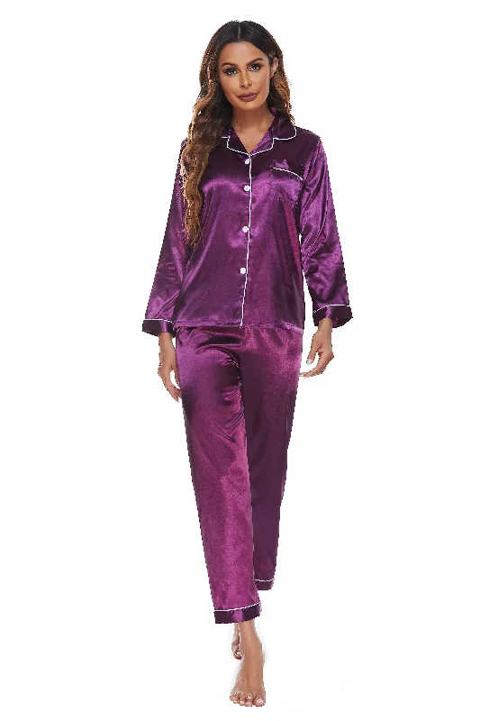 Unmissable Offer Elowel Silk Satin Pajama Set for Women - Satin PJs Button Down Sleepwear - Full Sleeve Satin Pajamas Women Loungewear Color Purple