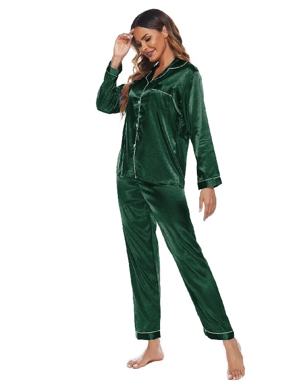 Shop and Save Elowel Silk Satin Pajama Set for Women - Satin Sleepwear Button Down Sleepwear - Full Sleeve Satin Pajamas Women Loungewear Color Green