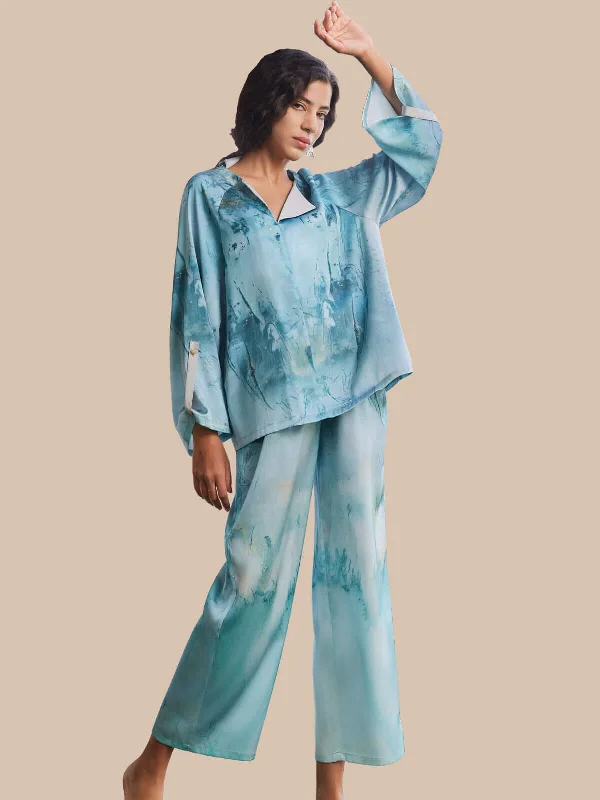 Green Ink Tie-dye Pajama Set 2Pcs with Blouse and Pants