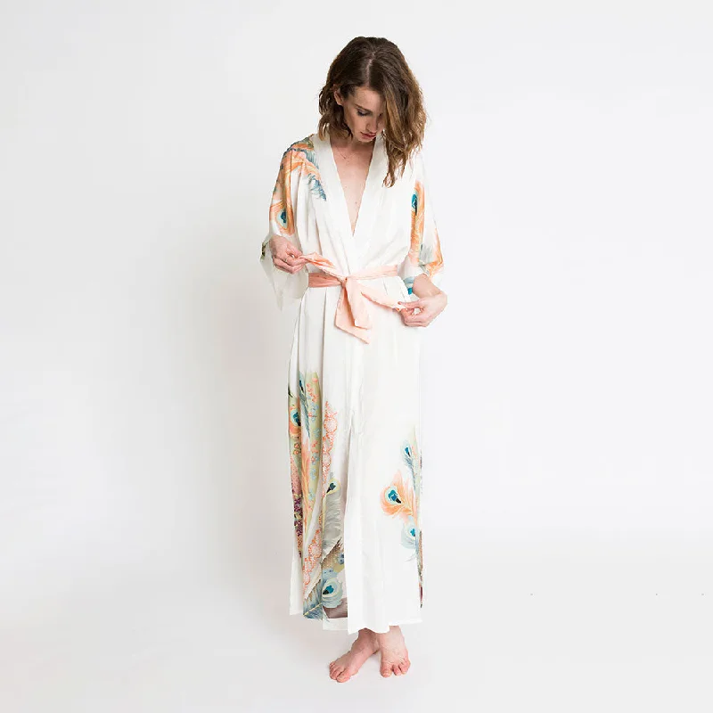 Act Fast Peacock Feather Long Kimono Robe