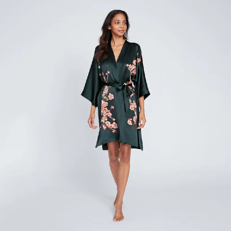 Hurry Up Silk Handpainted Cherry Blossom Short Kimono Robe