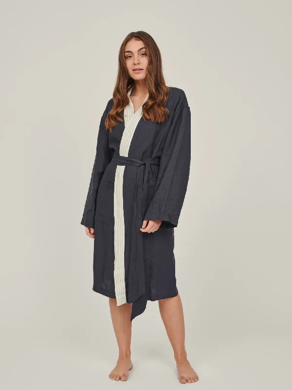 Weekend Discounts to Snag Linen Robe In Navy + Stripes