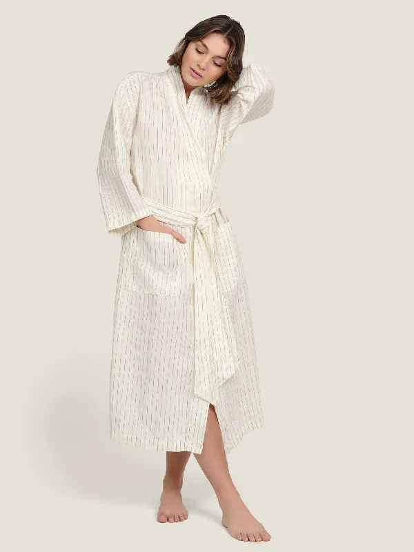 Linen Robe In Olive Stripes Thin