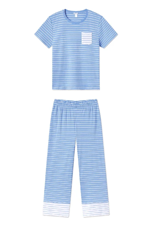 Weekend Discounts Worth Grabbing Pima Crew Wide Leg Pajama Set in Mixed Baltic Blue Stripe