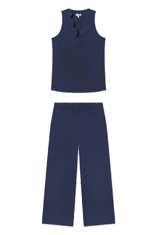Weekend Deals That Please Pima Scallop Pants Set in Navy