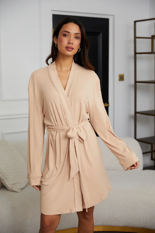 Personalised Ribbed Short Robe - Sand