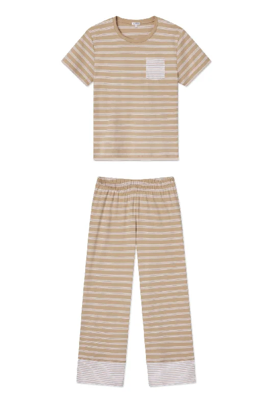 While Supplies Last Pima Crew Wide Leg Pajama Set in Sandstone Mixed Stripe