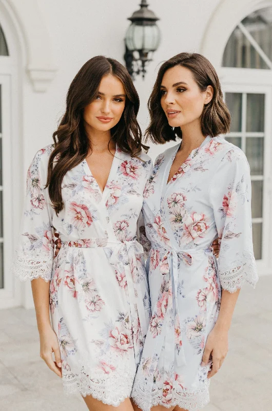 Serena Veiled Rose Printed Lace Trim Satin Robe