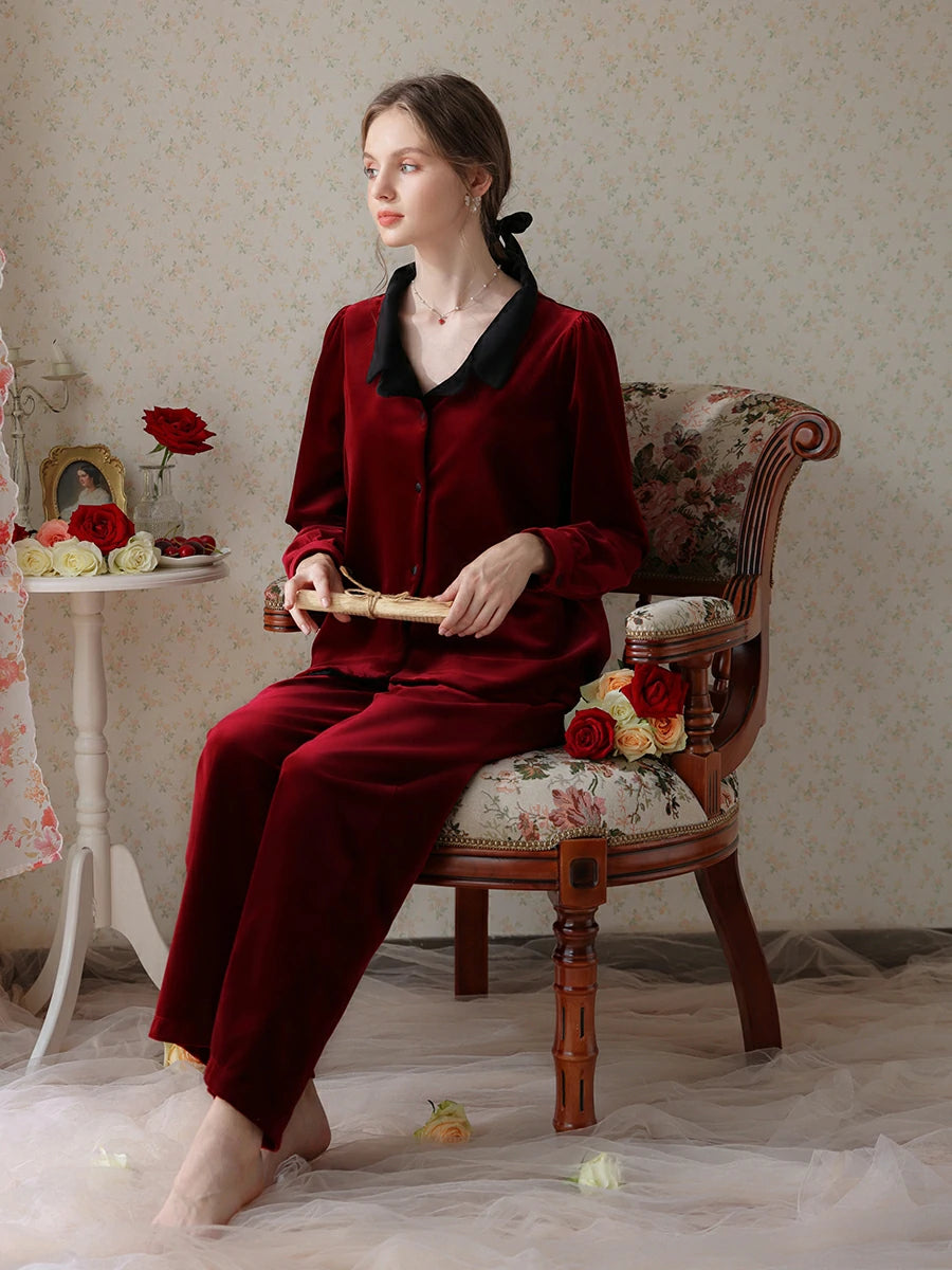 Slessic Vintage Gold Velvet Splicing Long-Sleeved Pajama Set