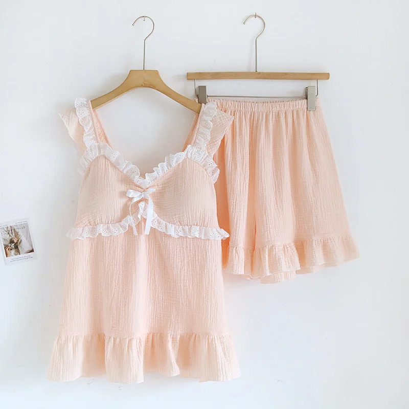 Low Price Sweet Ruffle Shorts Pajama Set / Pink