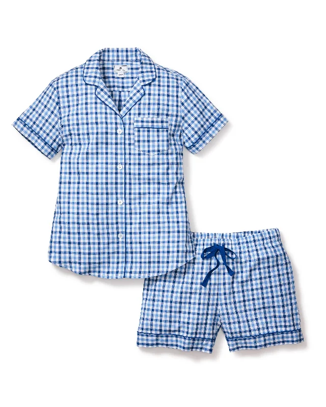 Women's Twill Pajama Short Sleeve Short Set in Royal Blue Gingham