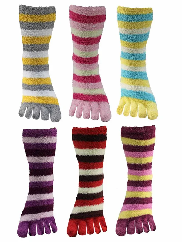 Weekend Bargains Galore Assorted Multicolor Striped Fuzzy Toe Socks 6 Pack