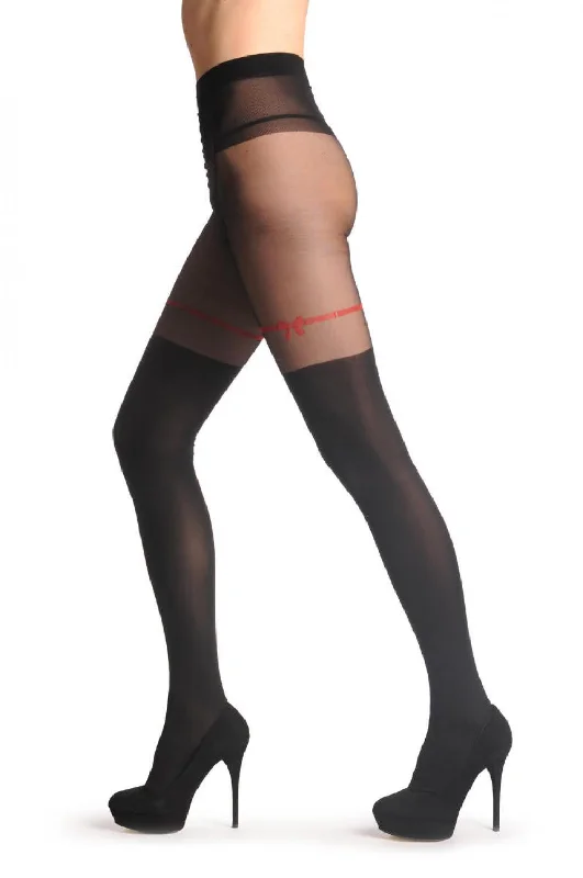 Time-Sensitive Black Faux Stockings With Red Ribbon & Bow 60 Den