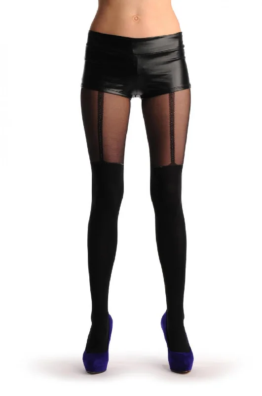 Deal of the Day Black Faux Stockings With Silver Lurex Top & Suspender Belt