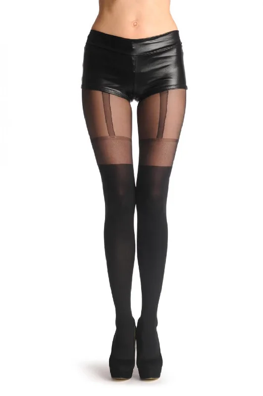 Weekend Bargains Galore Black Faux Suspender Tights With Meshed Top 60 Den