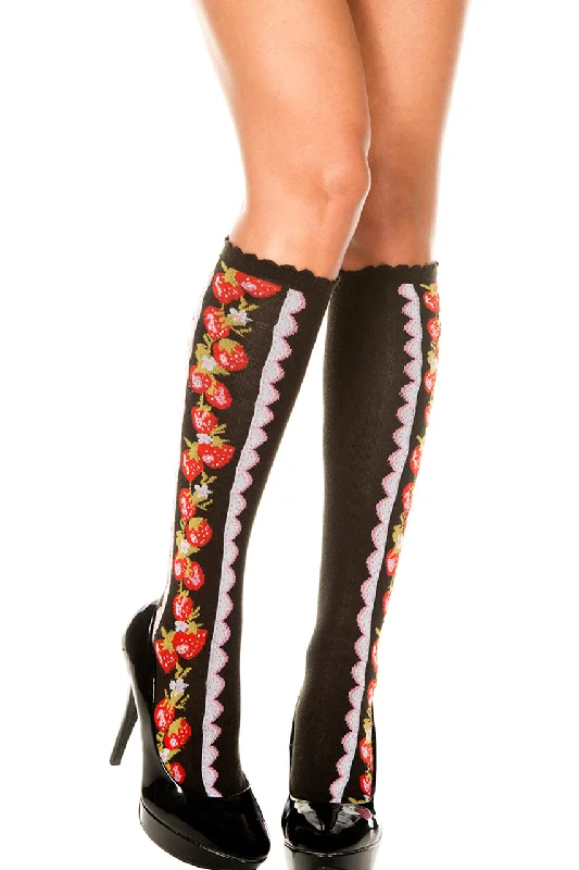 Black Knee High Stockings with Strawberries