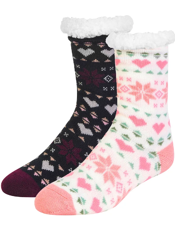 Great Bargain Black & Pink Snowflake Thermal 2-Pack Thick Non-Skid Slipper Socks