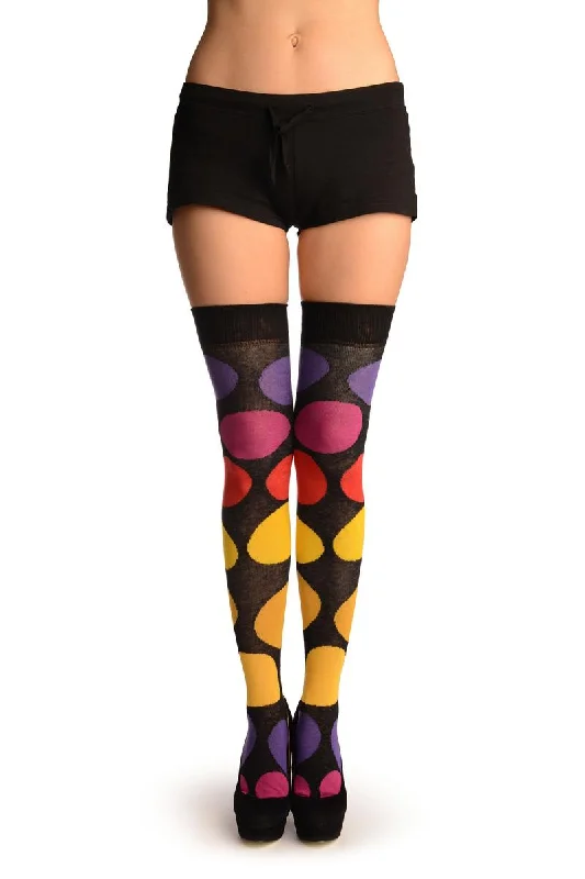 Black With Large Rainbow Polka Dots Over The Knee Socks