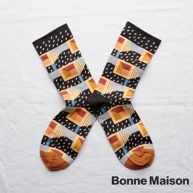 Bonne Maison Square Dark Cotton Unisex Socks SA8-01