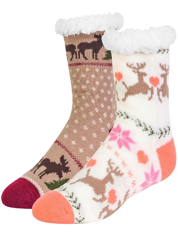 Super Deal Deer & Moose Thermal Non-Skid 2-Pack Winter Holiday Slipper Socks