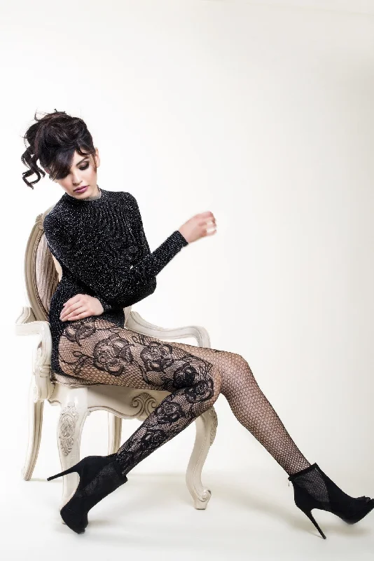 Shop and Save Etched Side Roses Lady's Fishnet Tights