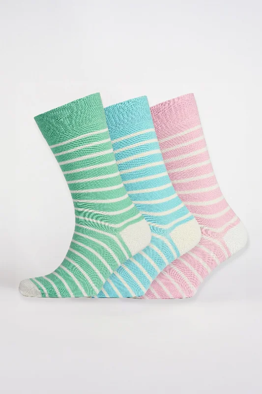 Extra Discount Everyday Cotton Sock Breton Stripe 3 Pack - Green/Pink/Blue