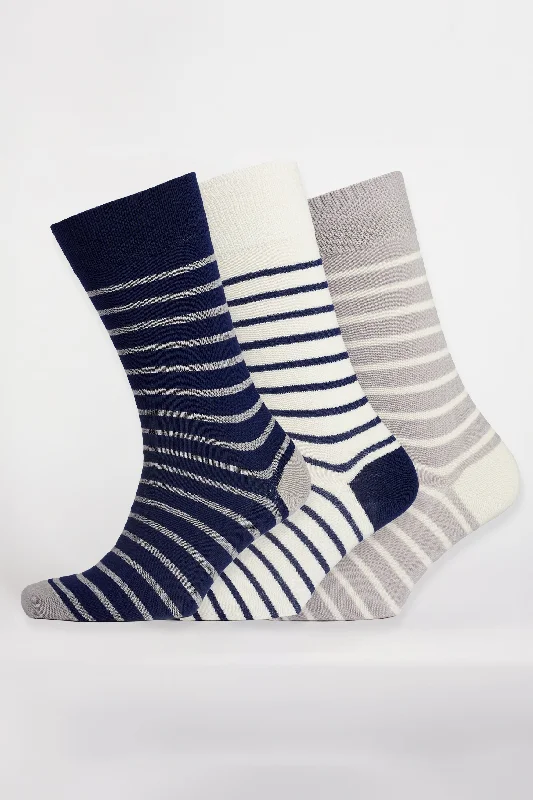 Deep Savings Everyday Cotton Sock Breton Stripe 3 Pack - Navy/Grey/White