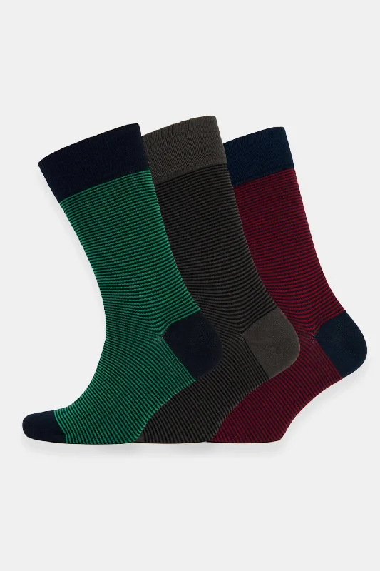 Weekend Deals That Dazzle Everyday Cotton Sock Fine Stripe 3 Pack - Green/Grey/Red