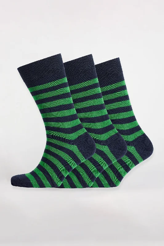 While Supplies Last Everyday Cotton Sock Stripe 3 Pack - Navy/Green