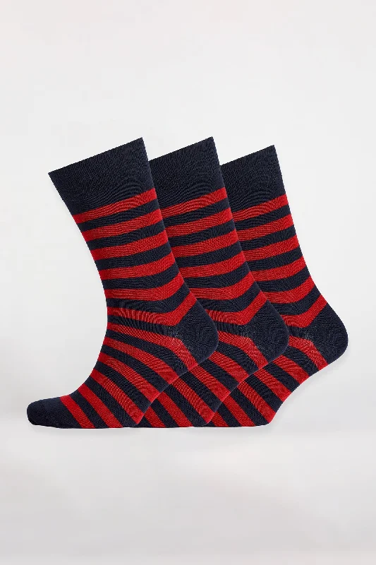 Closeout Deal Everyday Cotton Sock Stripe 3 Pack - Navy/Red
