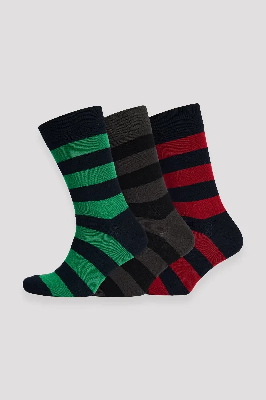 Fantastic Savings Everyday Cotton Sock Wide Stripe 3 Pack - Green/Grey/Red