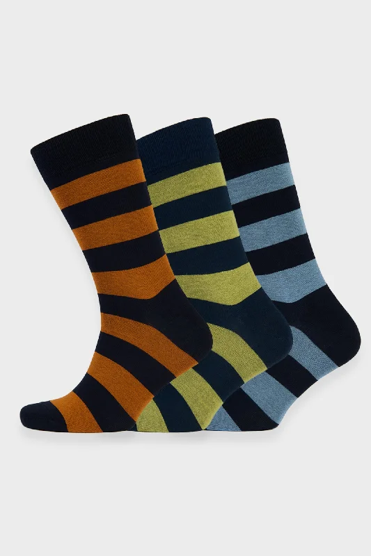 Weekend Offers That Impress Everyday Cotton Sock Wide Stripe 3 Pack - Orange/Yellow/Sky Blue