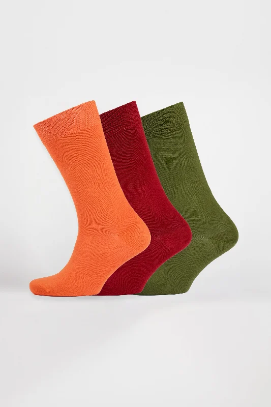 Price Drop Everyday Cotton Sock Calf Plain 3 Pack - Orange/Burgundy/Moss