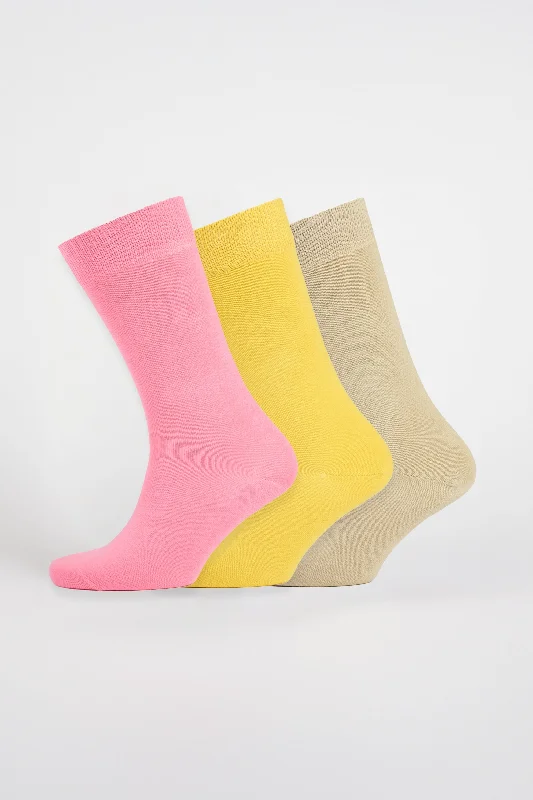 Overstock Sale Everyday Cotton Sock Calf Plain 3 Pack - Pink/Yellow/Natural