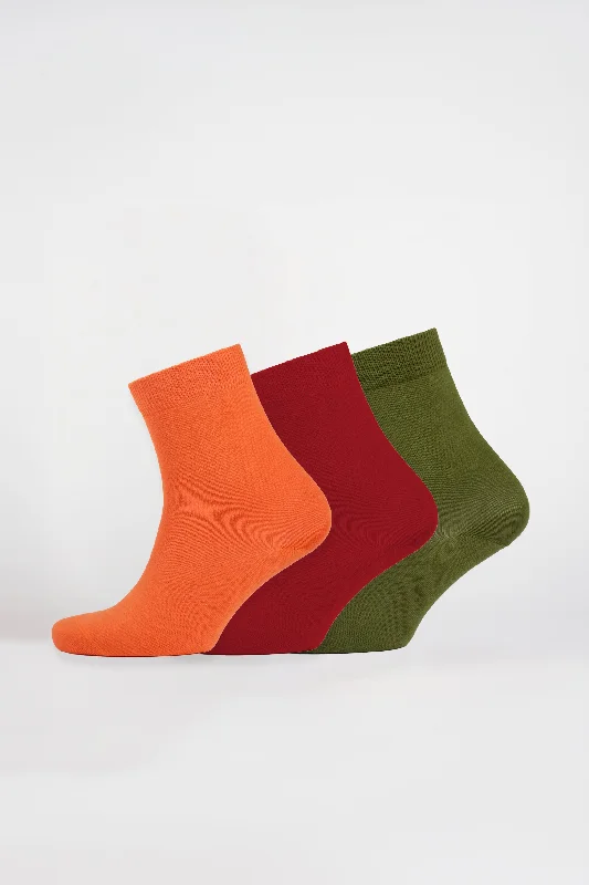 New Arrival Everyday Cotton Sock Ankle Plain 3 Pack - Orange/Burgundy/Moss