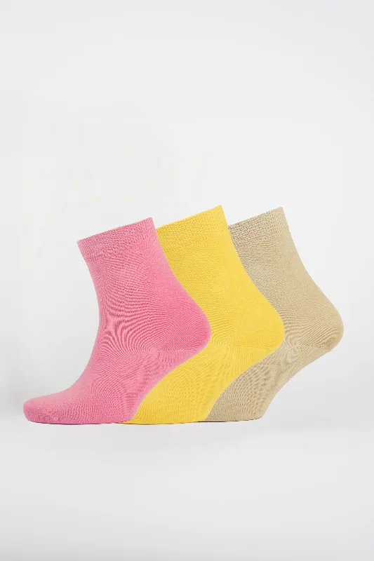 Massive Savings Everyday Cotton Sock Ankle Plain 3 Pack  - Pink/Yellow/Natural