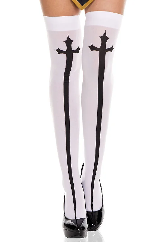 Gothic Cross Print Thigh Highs