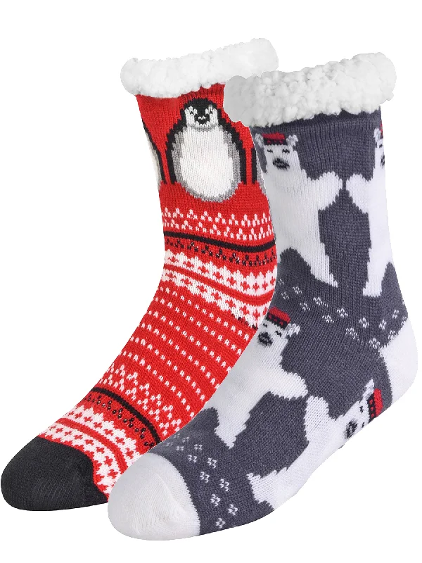 Exclusive Deal Polar Bear & Penguin Non-Skid Thermal 2-Pack Winter Slipper Socks