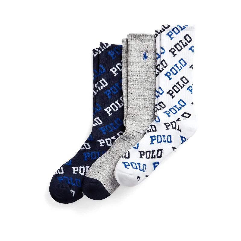 Weekend Bargains to Relish Polo Ralph Lauren All Over Logo Crew Socks - 3 Pack
