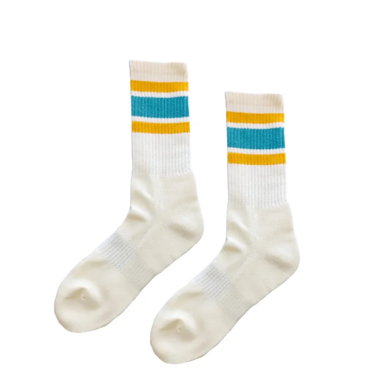 Retro Sporty Striped White Socks - Yellow and Blue